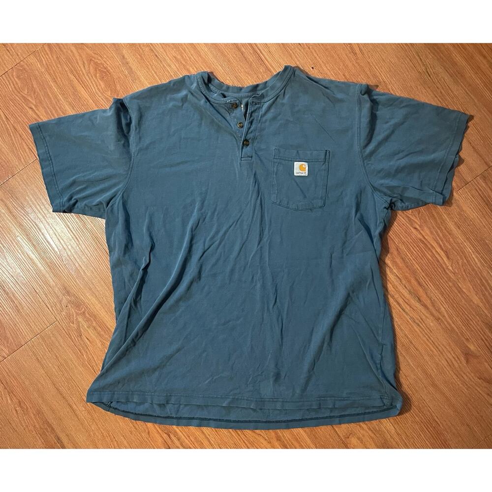 Men’s Carhartt Button Henley Tee 2XL Blue Faded Thrashed Grunge Workwear Utility